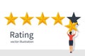 Star rating. Businesswoman holding a gold star in hand, to give