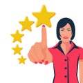 Star rating. Businesswoman holding a gold star in hand, to give five.