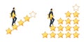 Star rating concept. Businessman walking on stair step holding a star in hand, to give five. Feedback concept.