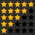 Star rating element. 5 point rating. Beveled, 3d star icons. Use