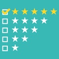 Star rating. Five flat yellow web button stars ratings. Evaluation system. Positive review. Vector illustration flat