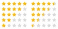Star rating. Five icon for review and rate. 5 whole stars and 5 half of stars for evaluation. Ranking of quality, hotel. Service