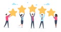 5 star rating. Flat people holding five golden stars. Social media product review, men and women vote online, customer