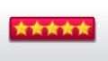 Five 5 stars. exelent. satisfied Customer feedback rating sytem. realistic shiny gold stars in front of red rectangle modern vec