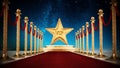 Star, red carpet and velvet ropes against night background Royalty Free Stock Photo