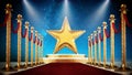 Star, red carpet and velvet ropes against night background. 3D illustration