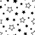 Star seamless pattern. Repeating black stars isolated on white background. Repeated simple prints for design. Abstract monocrome