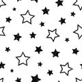 Star seamless pattern. Repeating black stars isolated on white background. Repeated simple prints for design. Abstract monocrome