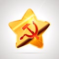 Star shaped bright glossy golden badge icon with red soviet sickle and hammer, communist USSR symbol on white Royalty Free Stock Photo