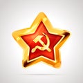 Star shaped bright glossy golden badge icon with soviet sickle and hammer, communist USSR symbol on white