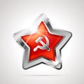 Star shaped bright glossy silver badge icon with soviet sickle and hammer, communist USSR symbol on white Royalty Free Stock Photo