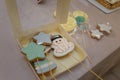 Star shaped gingerbread cookies, cake with baby boy picture. Sweet treats or birthday cake toppeers. Meringue on skewers