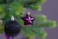 Star shaped purple glass tree ornament bauble with decorated Christmas tree with other seasonal tree Royalty Free Stock Photo