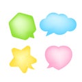 Star shaped speech bubble yellow, heart shaped speech bubble pink, hexagon speech bubble green, cloud speech bubble blue, geometry