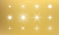 Star shine, golden light glow sparks, vector bright gold sparkles with lens flare effect. Isolated sun flash and starlight Royalty Free Stock Photo
