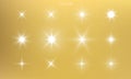 Star shine, golden light glow sparks, vector bright gold sparkles with lens flare effect. Isolated sun flash and starlight shiny Royalty Free Stock Photo