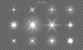 Star shines and light glow sparks, vector bright flare sparkles. Star flash effect on transparent background, isolated sun Royalty Free Stock Photo