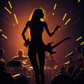 Star Singer Silhouette Giving Music Concert Performance, Huge Crowded Stadium Arena Hall, Full Of Fans, Cheering Crowd, Neon Royalty Free Stock Photo