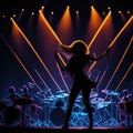 Star Singer Silhouette Giving Music Concert Performance, Huge Crowded Stadium Arena Hall, Full Of Fans, Cheering Crowd, Neon Royalty Free Stock Photo