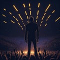 Star Singer Silhouette Giving Music Concert Performance, Huge Crowded Stadium Arena Hall, Full Of Fans, Cheering Crowd, Neon Royalty Free Stock Photo