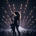 Star Singer Silhouette Giving Music Concert Performance, Huge Crowded Stadium Arena Hall, Full Of Fans, Cheering Crowd, Neon Royalty Free Stock Photo