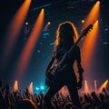 Star Singer Silhouette Giving Music Concert Performance, Huge Crowded Stadium Arena Hall, Full Of Fans, Cheering Crowd, Neon Royalty Free Stock Photo