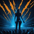 Star Singer Silhouette Giving Music Concert Performance, Huge Crowded Stadium Arena Hall, Full Of Fans, Cheering Crowd, Neon Royalty Free Stock Photo