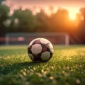 Soccer ball on the grass. Sunset. AI generated digital art Royalty Free Stock Photo