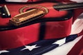 Star spangled banner, guitar and harmonica. Musical instrument and flag of the United States of America