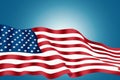 Star, stripes and American flag with banner for illustration, graphic or theme on blue studio background. Abstract icon