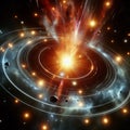 A star surrounded by orbiting rings of glowing comet like fragme