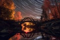 star trails arching over a picturesque bridge