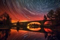 star trails arching over a picturesque bridge