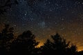 Star trails in night sky above trees Royalty Free Stock Photo