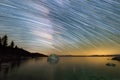 Milky Way Star Trails over Bonsai Rock at Lake Tahoe Royalty Free Stock Photo