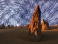 Star trails over the landscape of the Pinnacle desert limestone formations at night