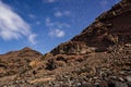 Star trails with Polaris in the middle. Rocky landscape during the night. Night landscape. Tasartico, Gran Canaria, Canary Islands
