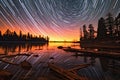 star trails reflecting on a calm lake in a remote location