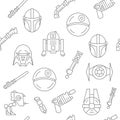 Star War pattern. Space technology. Movie line symbols. Sky ships. Blaster pistol. Black and white science signs