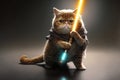 Jedi cat holding light saber illustration generative ai Royalty Free Stock Photo