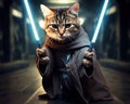 The Star Wars jedi cat is holding a light saber indoors. Royalty Free Stock Photo
