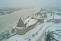 Staraya Ladoga Fortress, February day aerial survey. Staraya Ladoga, Russia Royalty Free Stock Photo