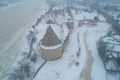 Staraya Ladoga fortress, foggy February day filming from a quadcopter. Staraya Ladoga, Russia Royalty Free Stock Photo