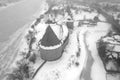 Staraya Ladoga Fortress, foggy winter day aerial photography. Leningrad region, Russia Royalty Free Stock Photo