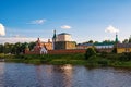 Staraya Ladoga Nikolsky Monastery in the pink light of the rising sun. Town Staraya Ladoga, Leningrad region, Russia