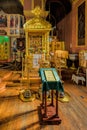 Gold ornated interior of orthodox church of John Chrysostom in Staraya Ladoga Saint Nicholas Staroladozhsky Nikolsky male