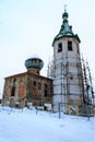 Staraya Ladoga, Russia, January 5, 2019. Restoration of the buildings of the Nikolsky Monastery, bell tower and chapel.