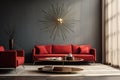 a starburst clock on a living room wall above a sleek sofa