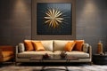 a starburst clock on a living room wall above a sleek sofa