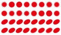 Starburst red sticker set - collection of special offer sale round and oval sunburst labels and buttons isolated. Royalty Free Stock Photo